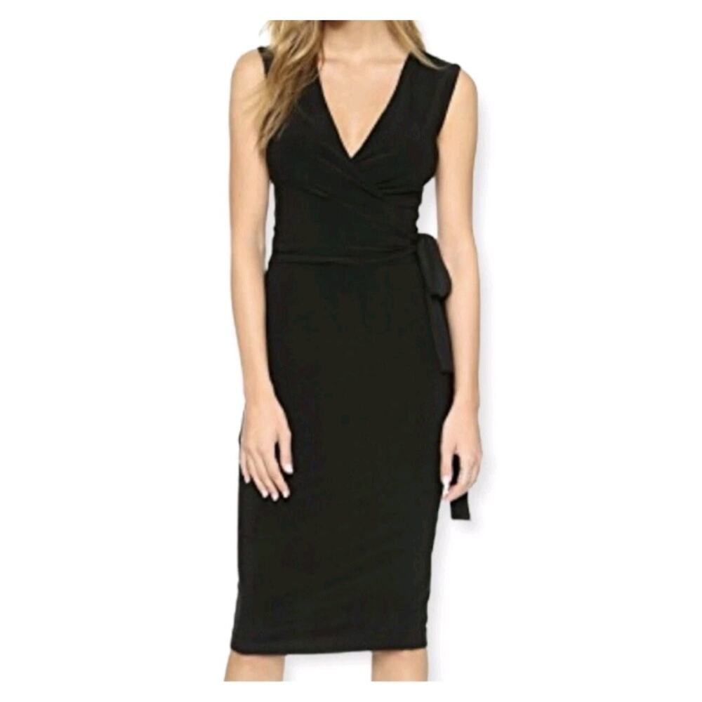 Norma Kamali Black Jersey Tie Waist Wrap Midi Dress -XS Classic LBD Formal